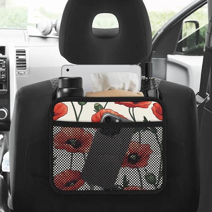 Flowers Poppies Car Backseat Organizer PU Leather Red Floral Truck Back Seat Trash Bag Universal Hanging Storage Box Travel Accessories Foldable