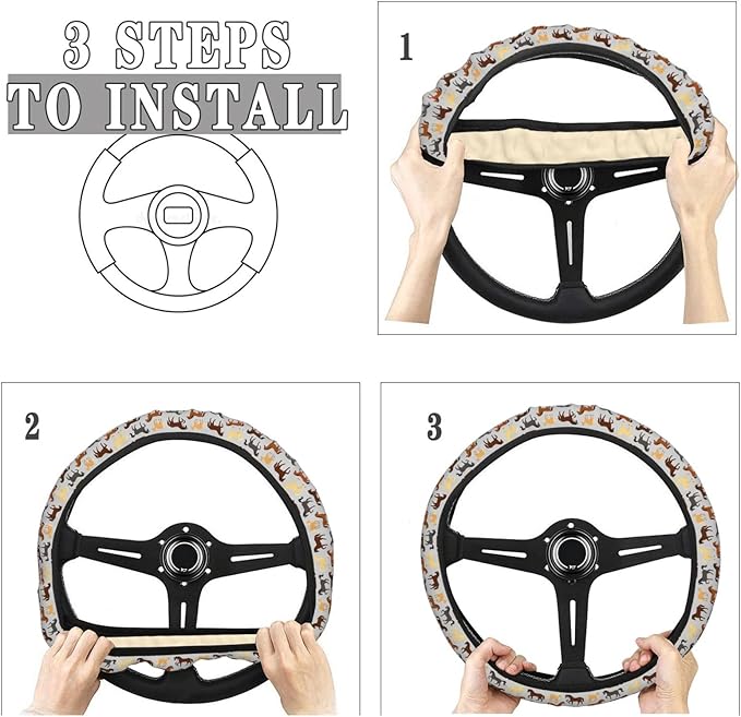 FeHuew Brown Colors Horses Steering Wheel Cover for Women, Girls 15 inch Universal Auto Car Anti Slip Wrap Steering Wheel Covers Fit for Vehicles, Truck, SUV