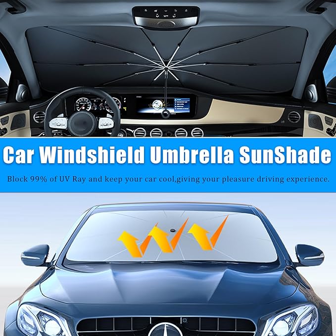 JDDRY Car Front Windshield Sun Shade with Pull Cord, Umbrella Sun Shade for Windshield, 2024 Upgrade Car Umbrella Sunshade, for Tesla (142x95cm/55.9"X37.4")