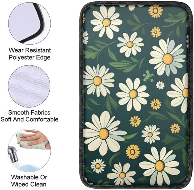 Daisy Car Armrest Cover Floral Print Armrest Seat Box Cover Protector for Car Breathable Water Proof Center Console Cover Universal for Most Car for Women Men Car Interior Accessories