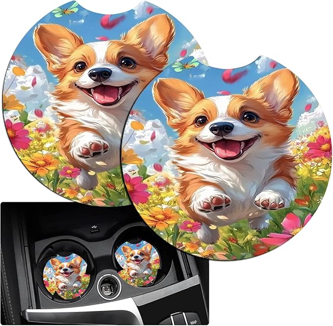 JANENFNA Car Armrest Cover Pads Universal Fashion Cute Auto Center Console Armrest Cover Pad with 2PCS Car Coasters Soft Waterproof Car Armrest Seat Protector for Women,Cute Puppy