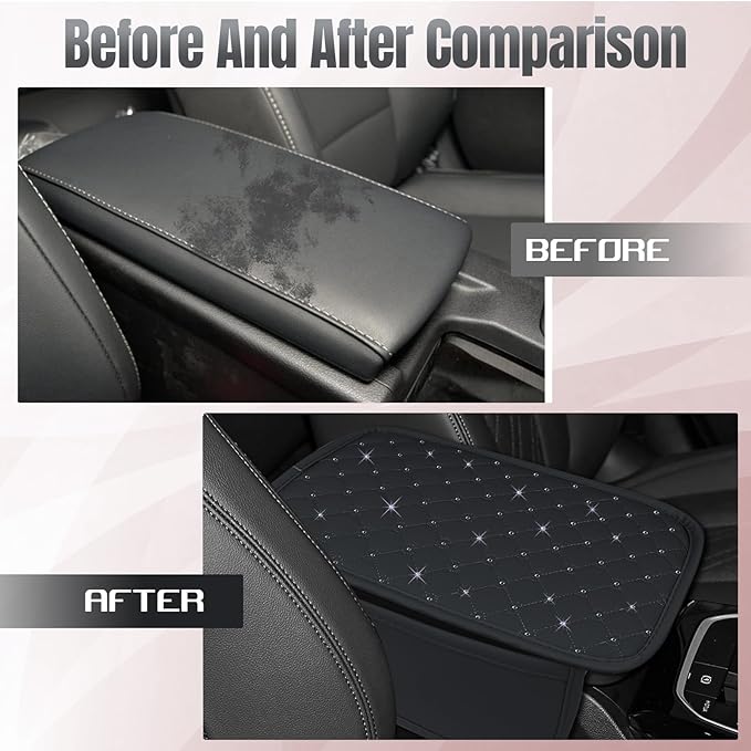 wuyaoyao Bling Car Center Console Cover, 11.81"×7.87" Leather Auto Arm Rest Cover Protector with 2 Storage Bags, Vehicle Crystal Rhinestone Armrest Cushion Pad, Interior Car Accessories (Black)