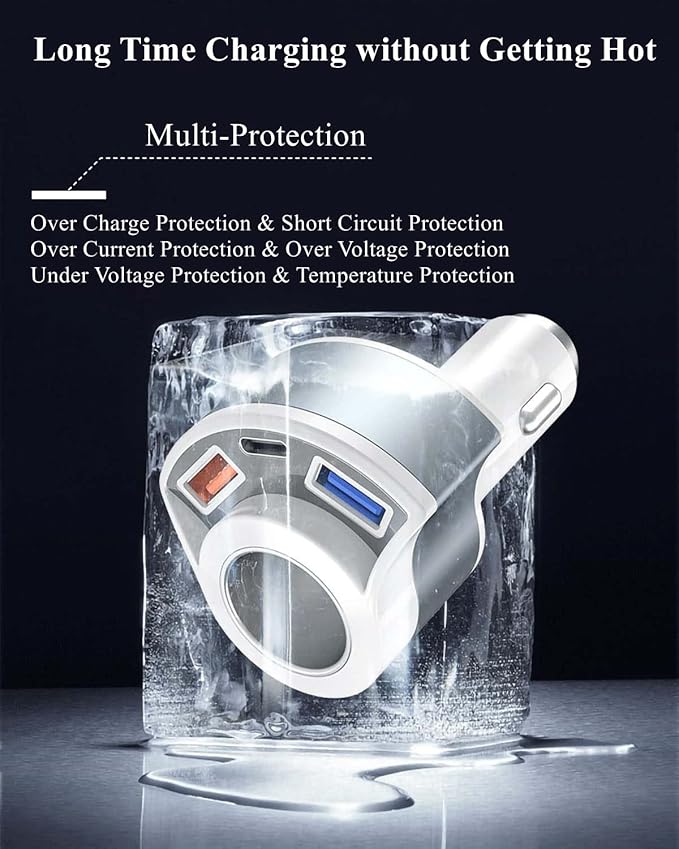 [QC3.0&4IN1] USB Car Charger Adapter, Cigarette Lighter Socket Car Adapter [with QC3.0 18W&PD/USB A 3.1A], 12V 24V Car Charger Compatible with iPhone 14/13/12/11/XS/XR/X/8,iPad,Galaxy,Dash Cam,GPS etc