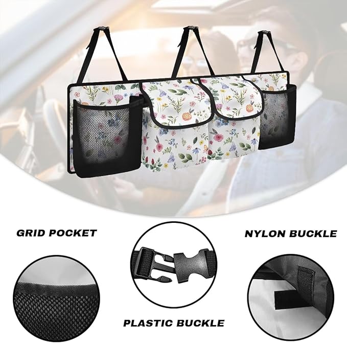Car Trunk Organizer and Storage, Backseat Hanging Organizer for SUV, Truck, MPV, Van, Sedan, Waterproof Cargo Storage Bag with 4 Pockets, Leaves Flower Car Accessories for Women