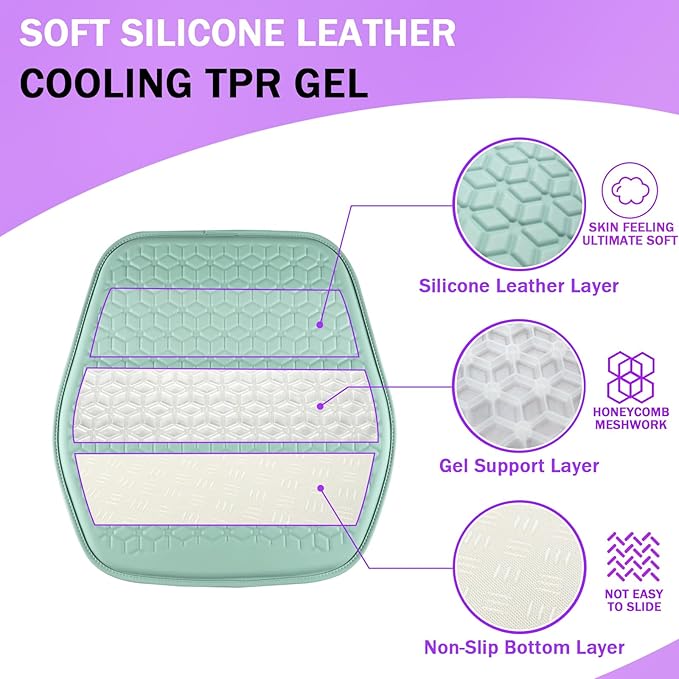 Thin Gel Seat Cushion for Car Seat, Office Chair, Wheelchair, Golf Cart - Non-Slip Car Seat Cushions with 0.7 Inch Gel - Sciatica & Coccyx Pain Relief (Leather, Green)