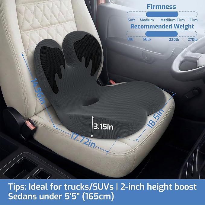 Trucker Seat Cushion, Car Seat Cushion Memory Foam Ergonomic Lumbar & Tailbone Support Pillow for Hemorrhoid, Coccyx & Sciatica Relief, for RV, SUV, Office Chair, Wheelchair (Black)