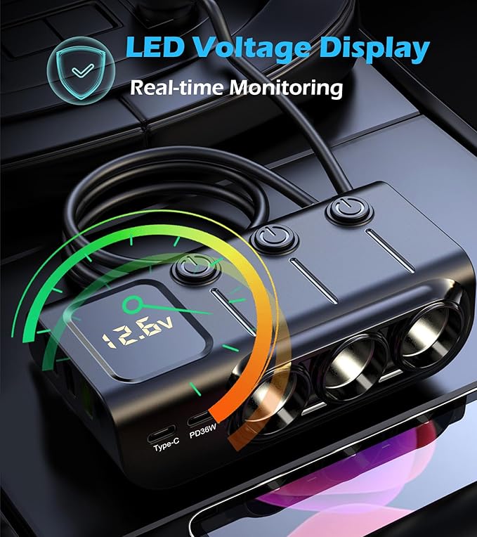 8 in 1Cigarette Lighter Splitter,LIHAN 3 Expander Socket Car Charger Adapter & 5 USB Ports(Type-C PD36W/QC3.0),12V/24V Plug,120W Outlet with LED Voltmeter,3.3FT Cable for Car,Truck,SUV,RV,Camping