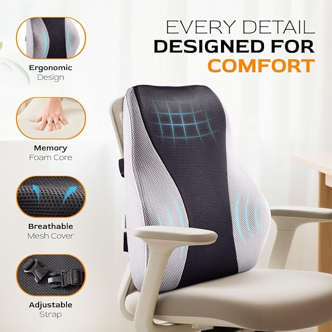 TULARIS Extra Dense Lumbar Pillow with Double Adjustable Straps - Ergonomic Lumbar Support Pillow for Office Chair, Car, Couch Firm Back Support for Lower Back & Spine Pain Relief Memory Foam Cushion