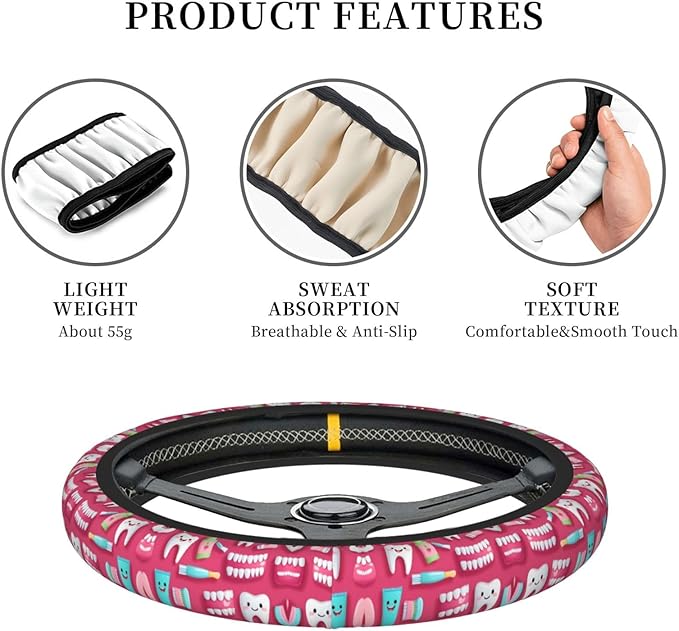 Dentistry Teeth Pattern Car Steering Wheel Cover, 15 Inch Steering Wheel Cover Stylish Decor for Most Cars
