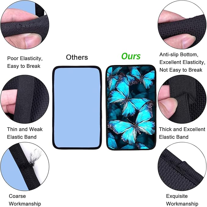 JANENFNA Car Armrest Cover Pads Universal Fashion Cute Auto Center Console Armrest Cover Pad with 2PCS Car Coasters Soft Waterproof Car Armrest Seat Protector for Women,Blue Butterflies