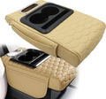 AOUTTUOA Universal Car Integrated Pressurized Multifunctional Armrest Heightening Pad Microfiber Leather Tan Car Center Console Armrest with 2 Cup Holders Phone Storage Slot Tissue Box Side Pockets