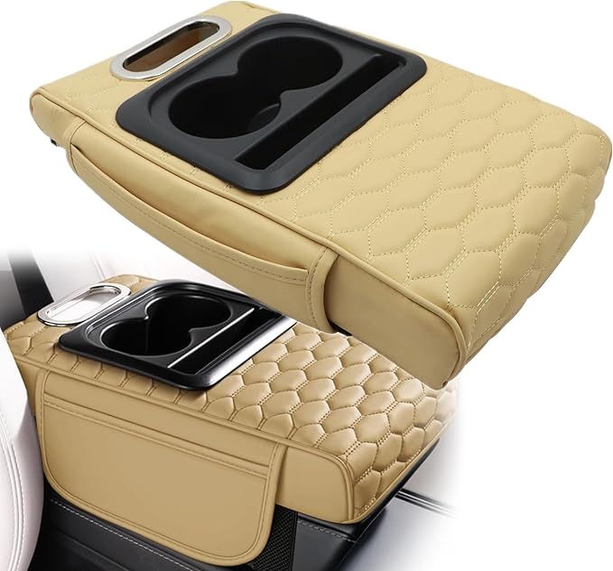 AOUTTUOA Universal Car Integrated Pressurized Multifunctional Armrest Heightening Pad Microfiber Leather Tan Car Center Console Armrest with 2 Cup Holders Phone Storage Slot Tissue Box Side Pockets