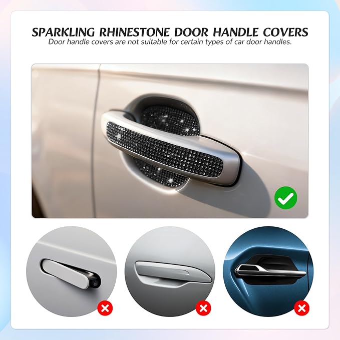 10PCS Bling Car Door Handle Protectors, 4 Door Bowl Stickers + 6 Handle Strips, Crystal Rhinestone Anti-Scratch Car Accessories, Sparkling Auto Decor Decals, Universal for SUV Sedan Truck (Black)