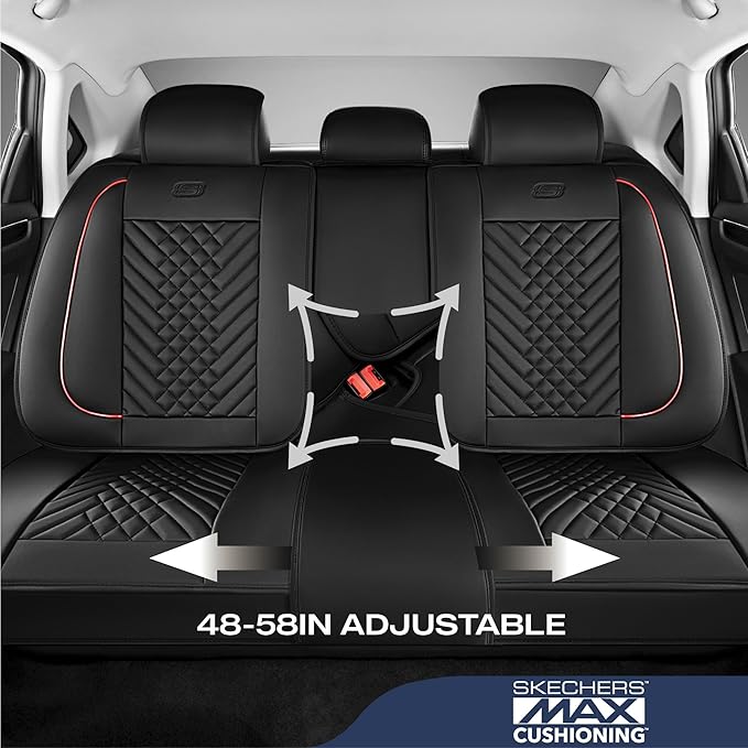 Skechers MAX Cushioning Car Seat Covers,Memory Foam Piping Leather Seat Covers,Waterproof Car Seat Protector Full Set,Car Seat Cushion Airbag Universal Fit for Most Cars,Vans,Trucks,SUV,Red