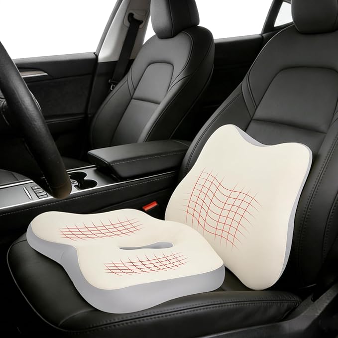 Car Seat Cushion & Lumbar Support Set, Memory Foam Seat Cushion for Long Sitting & Driving, Ideal for Truck Bus Van Drivers, Office Chair Cushion Set