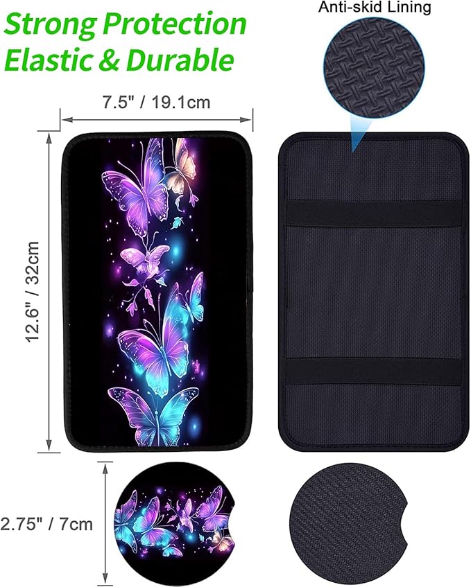 JANENFNA Car Armrest Cover Pads Universal Fashion Cute Auto Center Console Armrest Cover Pad with 2PCS Car Coasters Soft Waterproof Car Armrest Seat Protector for Women,Purple Butterfly