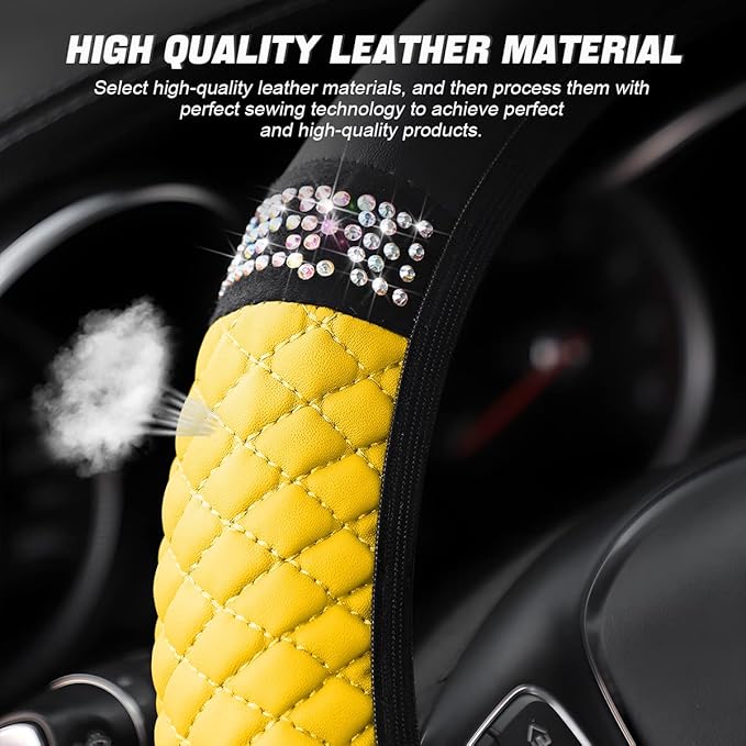 Bling Soft Leather Steering Wheel Cover, 15 Inch Colorful Rhinestones Auto Elastic Steering Wheel Protector, Sparkly Crystal Diamond for Women Girls, Car Accessories for Most Cars (Yellow)