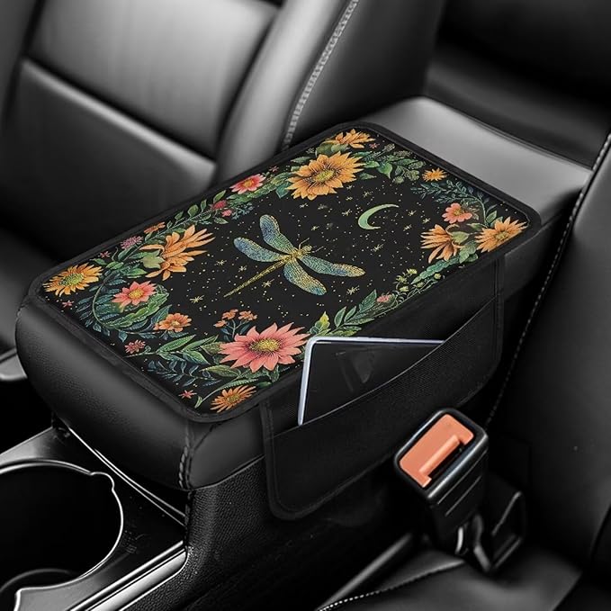 BIGCARJOB Art Dragonfly Print Armrest Pad with Pocket Universal Car Armrest Cover Center Console Pads Flower Dragonfly Print Car Armrest Storage Box Car Interior Accessories for Most Vehicles