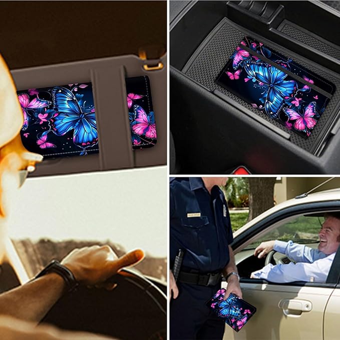 RAUEDWDJS Car Registration and Insurance Holder,Leather Vehicle Glove Box Organizer Wallet Case for Driver's License,ID Key Information Cards-Pink Blue Butterflies