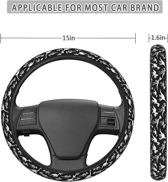 FeHuew Dinosaurs Skeleton Steering Wheel Cover for Women, Girls 15 inch Universal Auto Car Anti Slip Wrap Steering Wheel Covers Fit for Vehicles, Truck, SUV