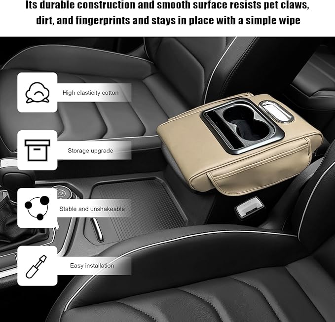 Car Center Console Armrest Pillow, Leather Arm Rest Cover Pad with 2 Storage Pockets Cup Holder & Phone Slot, Soft Middle Console Cushion Protector for Most Vehicles (Beige, Normal)