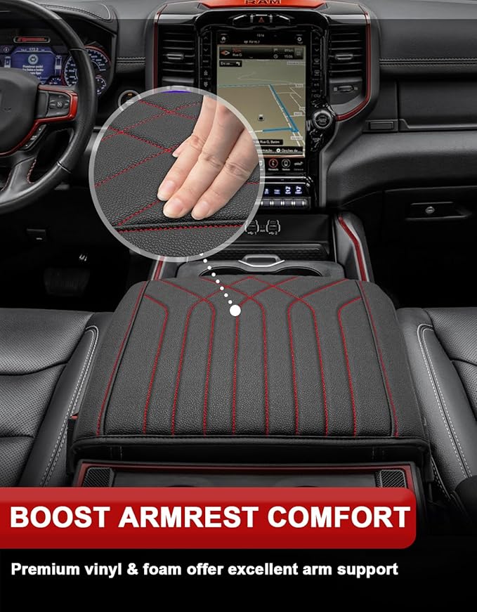 KBH Center Console Armrest Cover for 2019-2026 Dodge Ram 1500 2500 3500 5th Gen, Floor Console Bucket Seat, Arm Rest Cushion Pad Protector, Vinyl Leather, Black-Red Stitches