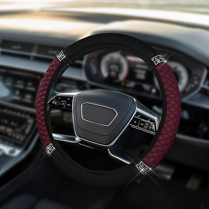 Car Steering Wheel Cover, Steering Wheel Accessories, Breathable Microfiber Leather Auto Wheels Protector, Universal 15 Inch Anti-Slip Protector for SUV Sedan Truck (Bling-Wine Red)