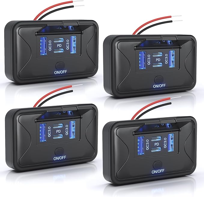 4PCS Gibbab 108W 4 Ports 12V RV USB Switch Outlet, 2 * 36W PD3.0 Type-C + 2 * 18W QC3.0 Quick Charge Panel Wall Mount Car Charger Socket Waterproof Multi-Port Adapter for Marine Truck Boat ATV Bus
