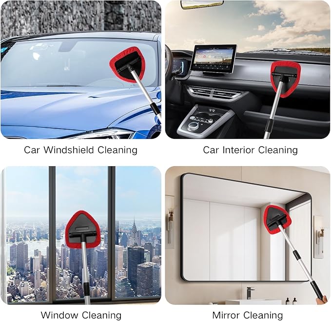 Qydipclin 10pcs Windshield Cleaning Tool Inside Car Window Cleaner Wash Kit with 4 Reusable Microfiber Pads 1 Spray Bottle and Extendable Handle Interior Auto Glass Wiper Kit, Red