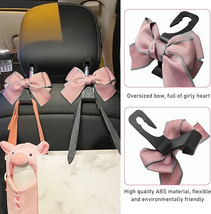 2 PCS Car Seat Headrest Hook, Cute Bow Knot Auto Seatback Hanger Storage Organizer, Vehicle Back Seat Hanging Hooks for Purse Coat Umbrella, Interior Decor Car Accessories (Pink)