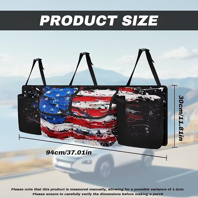 American Flag Print Car Trunk Organizer and Storage, Backseat Hanging Organizer for SUV, Truck, Collapsible Cargo Storage Bag with 4 Pockets, Car Interior Accessories for Men and Women