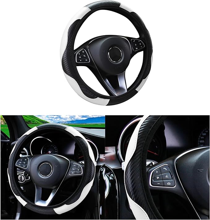 Car Steering Wheel Cover, 15 inch Carbon Fiber Microfiber PU Leather Elastic Steering Wheel Protector for Men Women, Anti-Slip Breathable Car Interior Accessories for Most Cars (White)