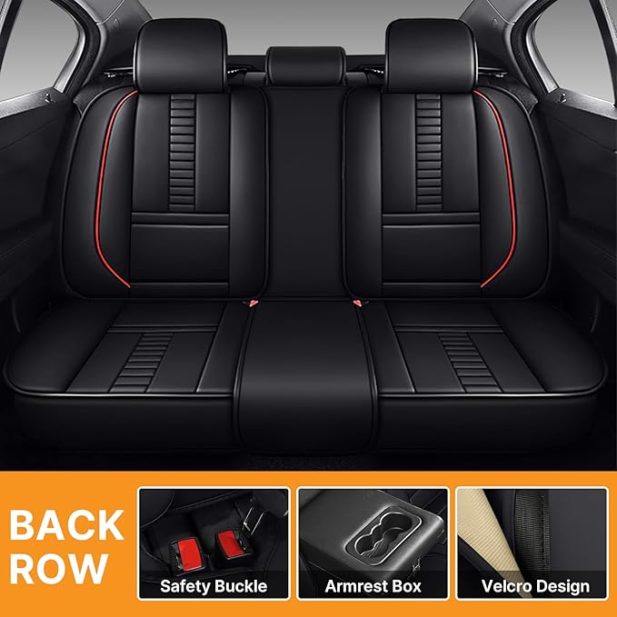Pengchen Waterproof 5 Car Seat Covers for Nissan Versa 2009-2025, Premium Faux Leather Automotive Front and Back Seat Protectors Compatible with Airbag Black & Red Line
