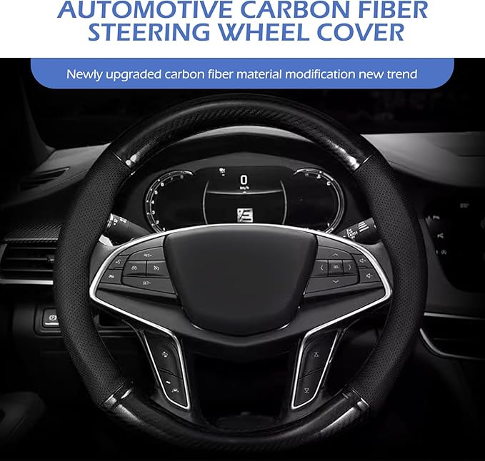 Car Steering Wheel Cover, Carbon Fiber Trim Breathable Sweat-absorbent Protector, Close Fitting Non-slip and Scratch-resistant Cover for All Seasons, for Most Cars Trucks (Black #Round)