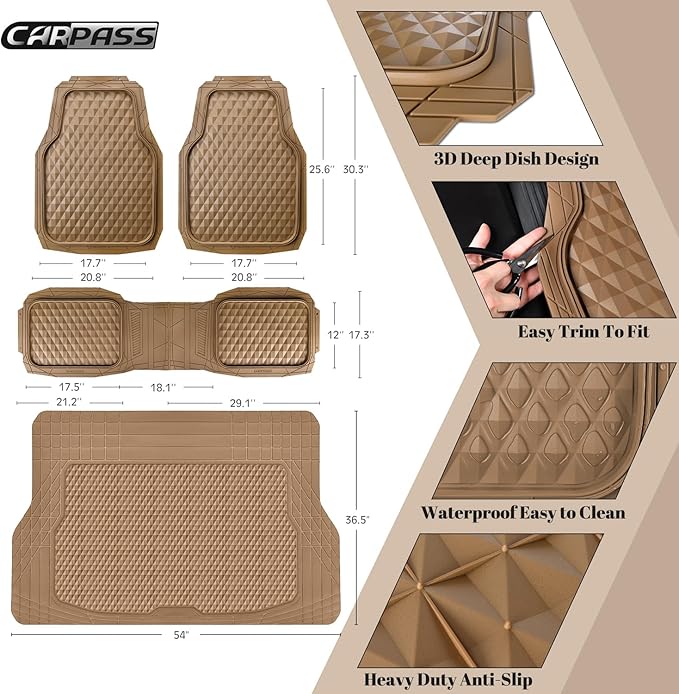 CAR PASS Heavy Duty Rubber Beige Car Floor Mats & Cargo Liners, Deep Dish All-Weather Trunk Mats Durable Anti-Slip 3D Rhombus Waterproof Trim to Fit Liner Universal Fit Auto,Sedan,SUV,Truck, Beige