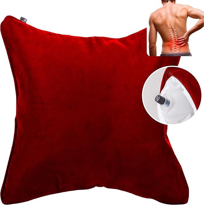 AJUVIA QiPillow - Pain Relieving Lumbar Support Throw Pillows for Couch, 18x18in Inflatable Ergonomic Back Support Square Pillow for Car, Chair and Recliner (Burgundy)