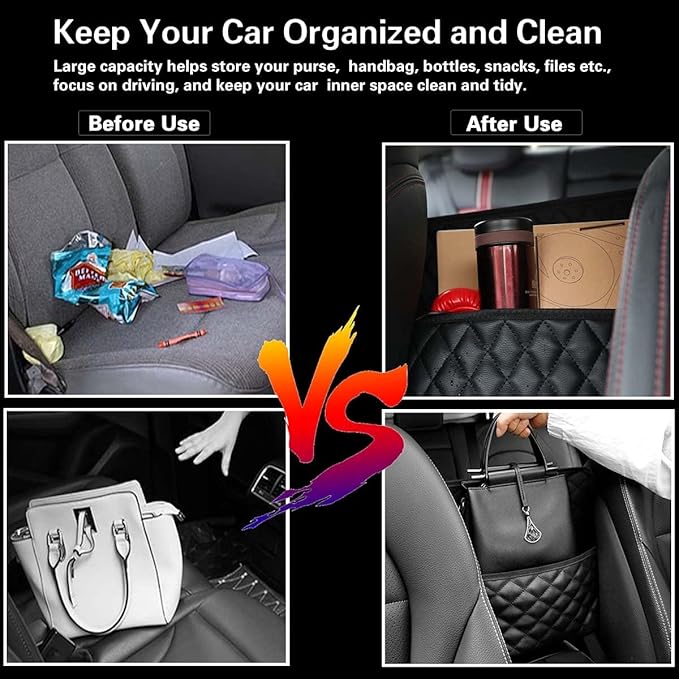 Car Net Pocket Handbag Holder Between Seats, Large Capacity Car Bag Purse Holder, with 2 Headrest Hooks, Heightened Front Railing, Leather Material, Reinforced Wiring, Rear Backseat Organizer