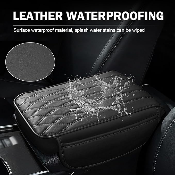 Car Center Console Cover, Memory Foam Armrest Increase Pad, Leather Car Armrest Box with Side Pockets, Universal for Most Cars (Black)