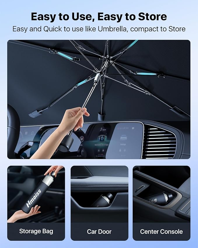 Nmoiss Windshield Sun Shade Umbrella – Custom-Fit for Model 3 (2017–2025), Vinyl Coating Heat Shield, 99% UV Blocking, Protects Touchscreen & Interior, Ice Crystal Cooling Material