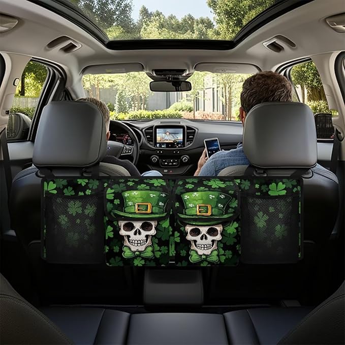 St. Patrick Day Skull Car Trunk Organizer for Women Men Hanging Suv Trunk Organizer Green Leaves Foldable Cargo Bag,4 Compartments,Frees Trunk Floor