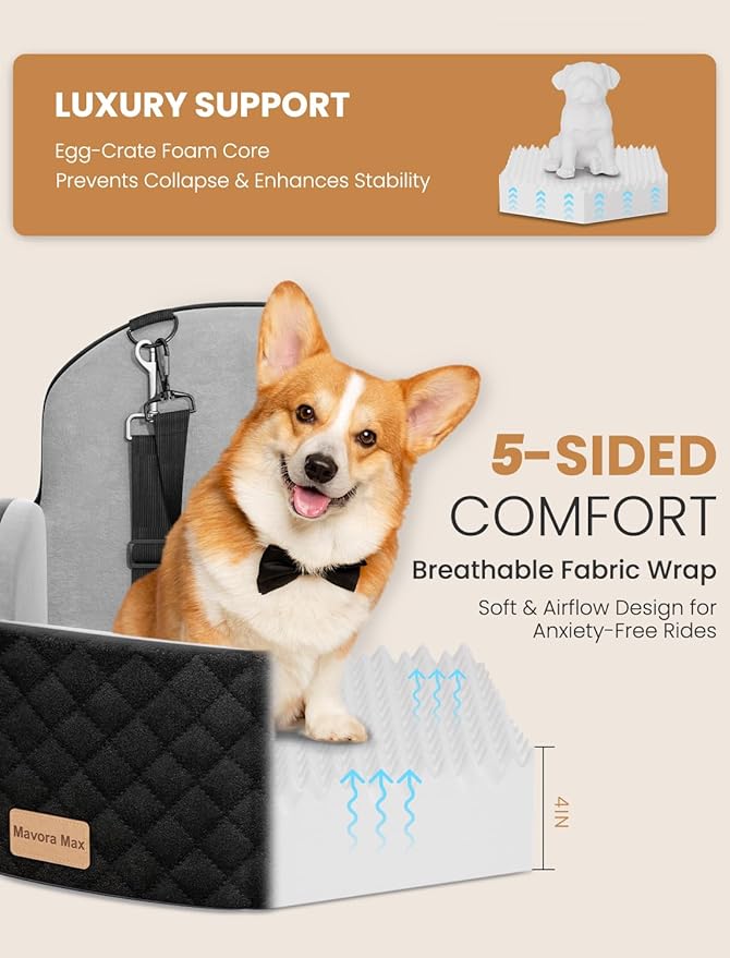 Mavora Max Dog Car Seat for Small/Medium Dogs, Elevated Dog Booster Seat Memory Foam Puppy Car Seat with Washable Cover, Travel Safety Pet Seat for Car with Storage Pockets Up to 35 lbs (Black/Grey)