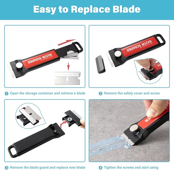 Gomake Razor Blade Scraper Tool with Blade Container 2PCS Cooktop Stove Scraper with Extra 100PCS Stainless Steel Blades for Glass,Paint and Old Label,Decal Sticker Remover, Stove Top Cleaning (W79)