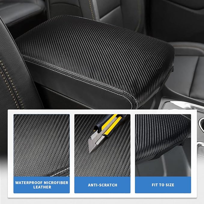 INTGET Center Console Armrest Cover for Chevy Traverse Accessories 2018-2023 2019 2020 2021 2022 Leather Middle Console Lid Pad Protector Elbow Arm Rest Covering Car (Black with Carbon Fiber Texture)