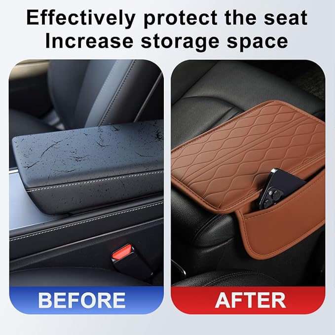 Car Center Console Cover, Leather Vehicle Armrest Seat Box Pad Cushion with 2 Storage Bags, Automotive Interior Arm Rest Protector Accessories, Universal for SUV, Sedan, Truck (Brown)
