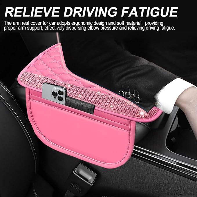 NBTEPEM Bling Pink Car Center Console Cover, Leather Car Arm Rest Cover with 2 Storage Bags, Universal Auto Armrest Protector Storage Box, Pink Bling Accessories Interior for Most Vehicles