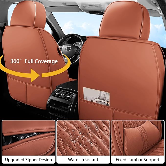 WELLDO Car Seat Covers Full Set,Nappa Leather Seat Covers for Car, Waterproof Car Seat Protector with Lumbar Support, Automotive Seat Covers Universal Fit for Most Cars SUV Truck, 2seats,Brown