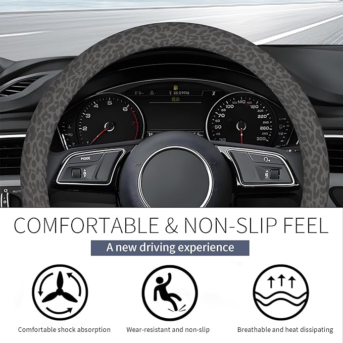 Steering Wheel Covers for Car, Truck, and SUV, Cute Non-Slip Breathable Elastic Steering Wheel, Car Accessories, Universal 15 Inch Leather Cover for Men Women Black Leopard
