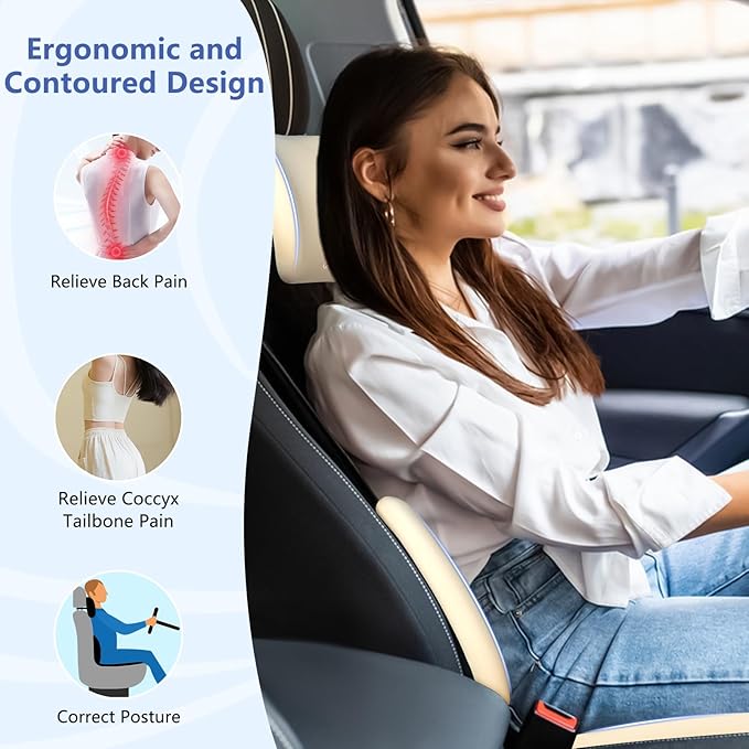 GEEYONTEK Car Seat Cushion with Neck Pillow & Lumbar Support Kit Back Sciatica Tailbone Pain Relief Car Pillows Ergonomic Memory Foam Back Support for Driving Seat Office Chair Wheelchair Beige
