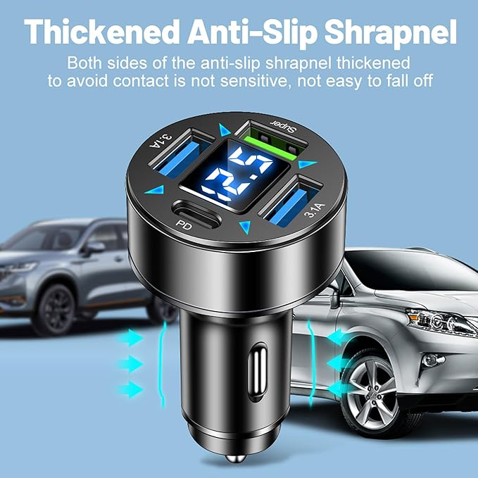 Fast Car Charger,4 Ports Cigarette Lighter USB Charger with LED Voltmeter,PD3.1/Super Port Car Charger Adapter Fast Charging,Compatible with iPhone/Android/Samsung Galaxy (PD/Super)