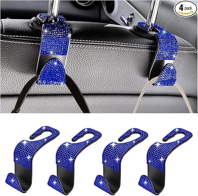 Bling Car Seat Headrest Hooks, 4PCS Crystal Rhinestone Vehicle Back Seat Hanger Holder for Handbags Purses Coats, Automotive Headrest Storage Organizer, Universal for RV SUV Truck (Blue)